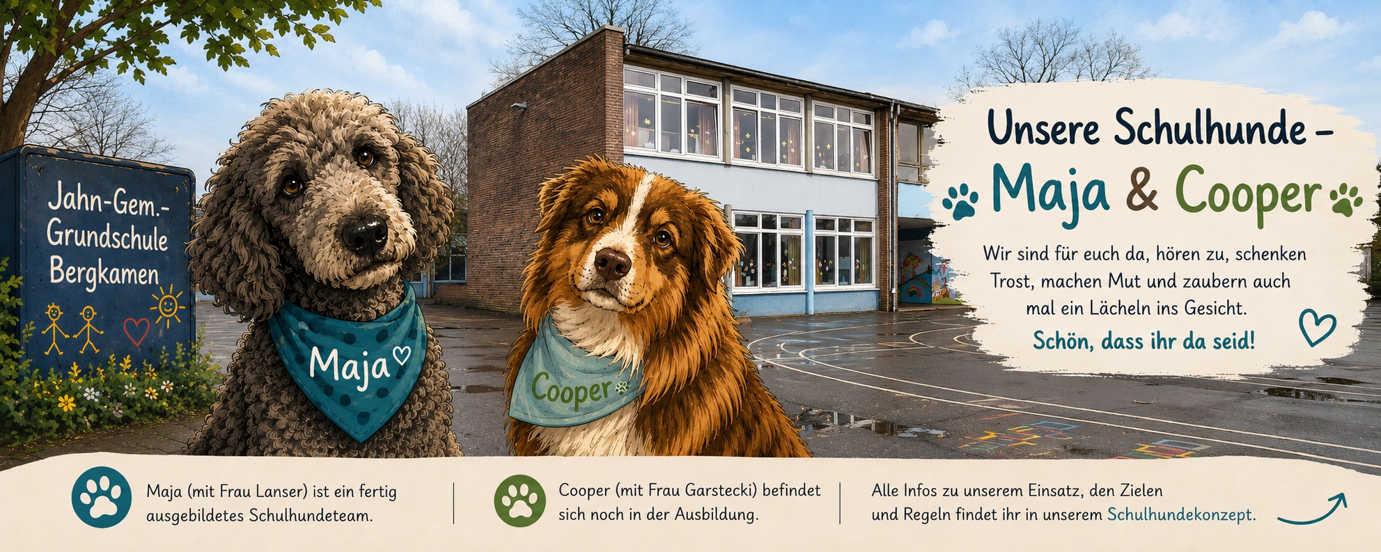 Unsere Schulhunde Maja und Cooper vor der Jahn-Gemeinschaftsgrundschule Bergkamen – Wir sind für euch da, hören zu, schenken Trost und machen Mut.